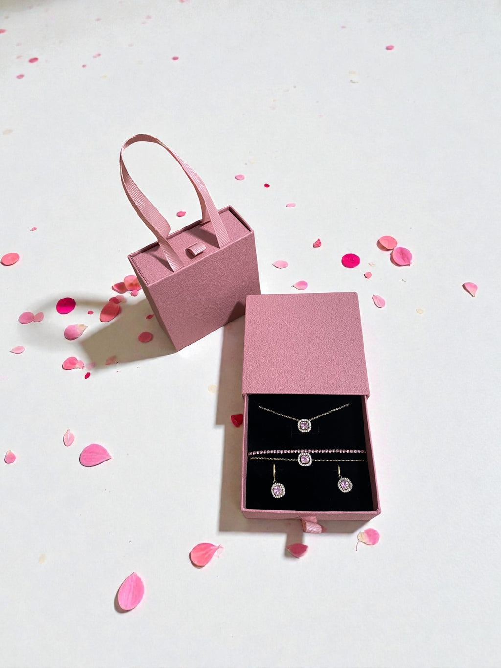 Parure strass rose & Écrin Sac à Main