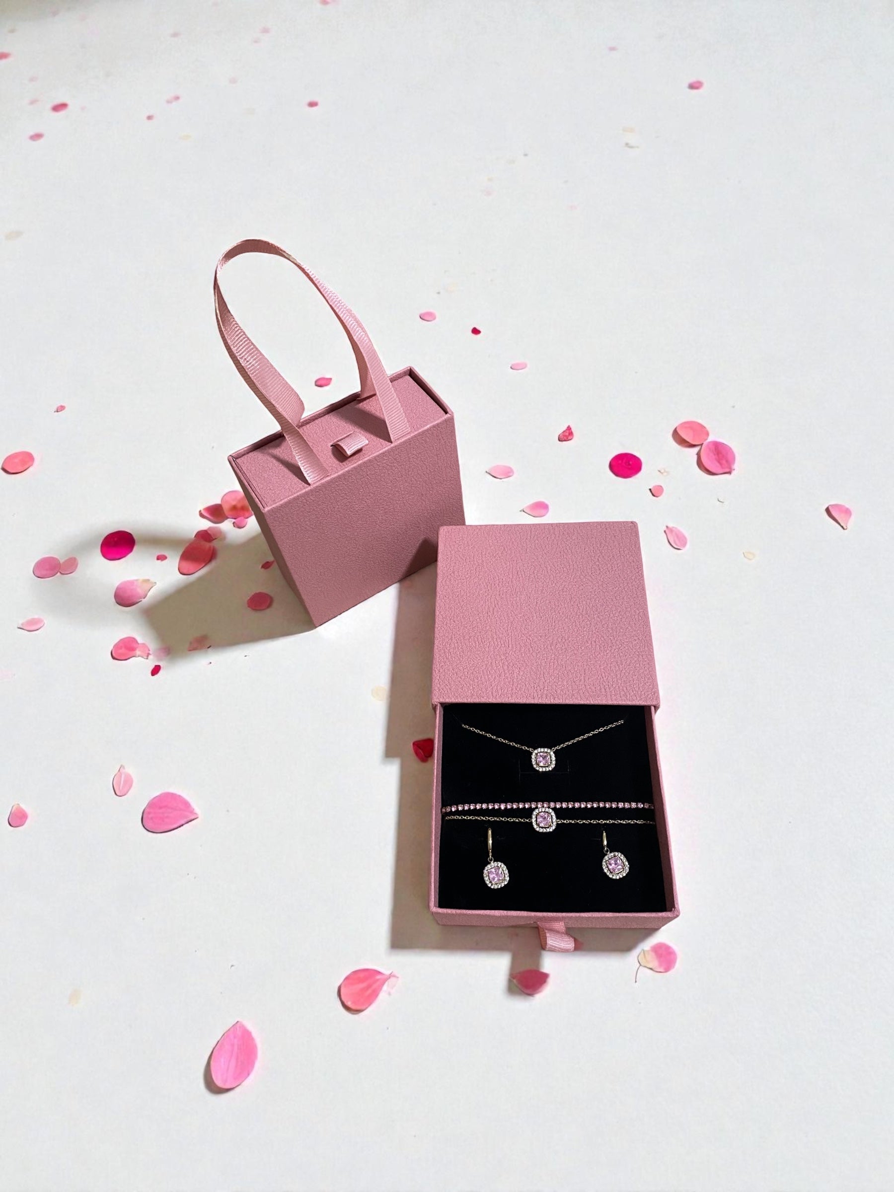 Parure strass rose & Écrin Sac à Main