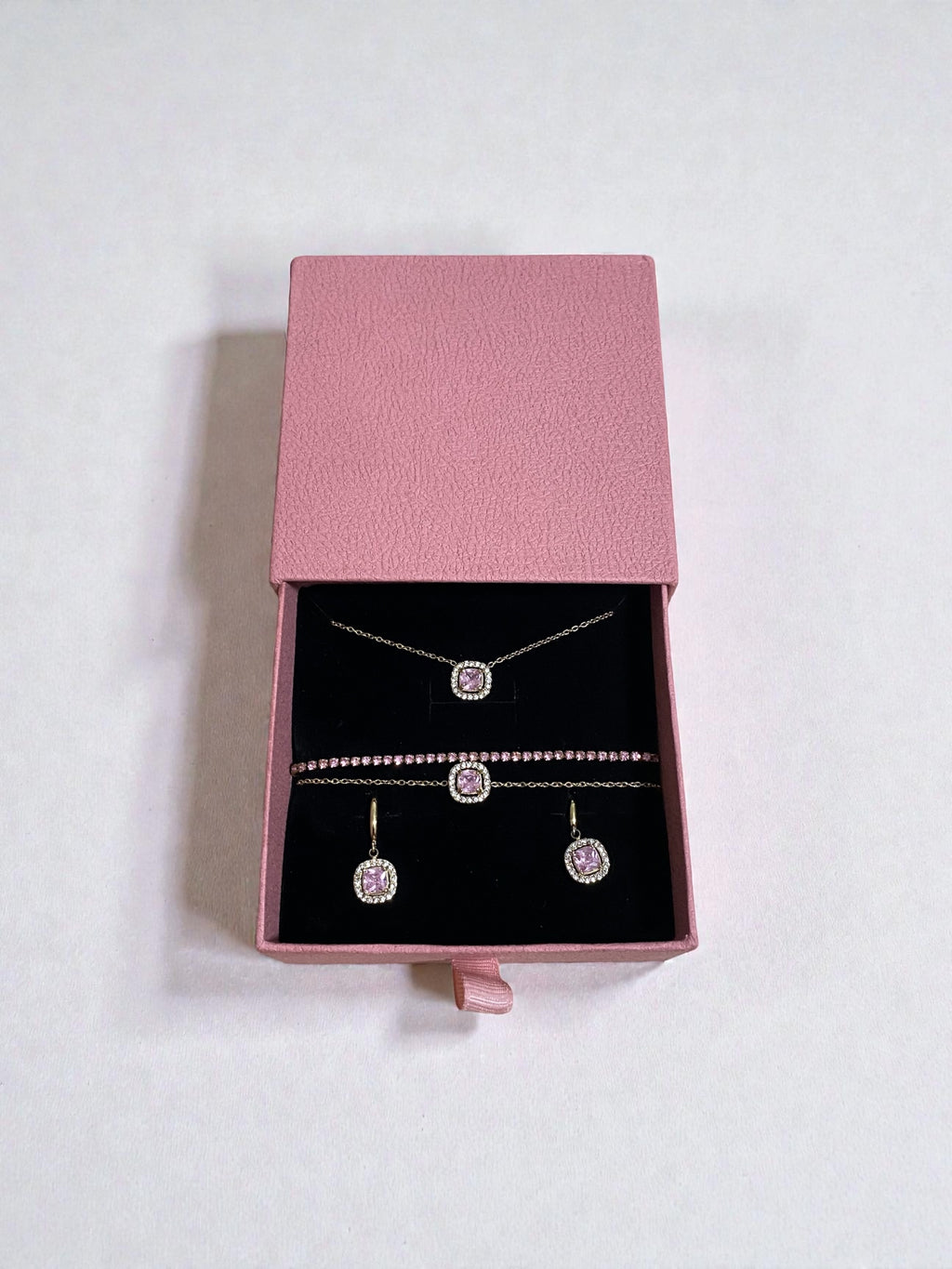 Parure strass rose & Écrin Sac à Main