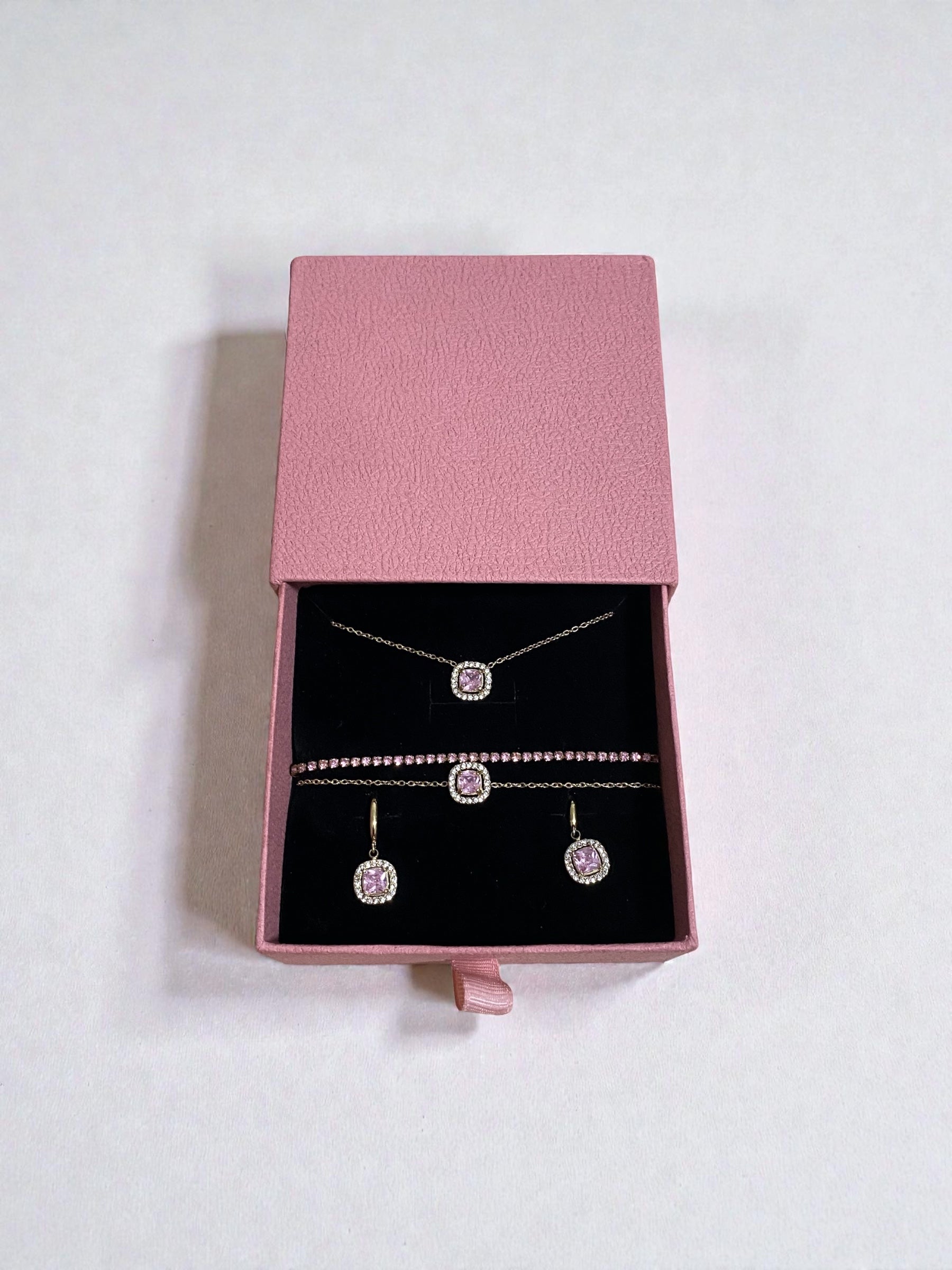 Parure strass rose & Écrin Sac à Main